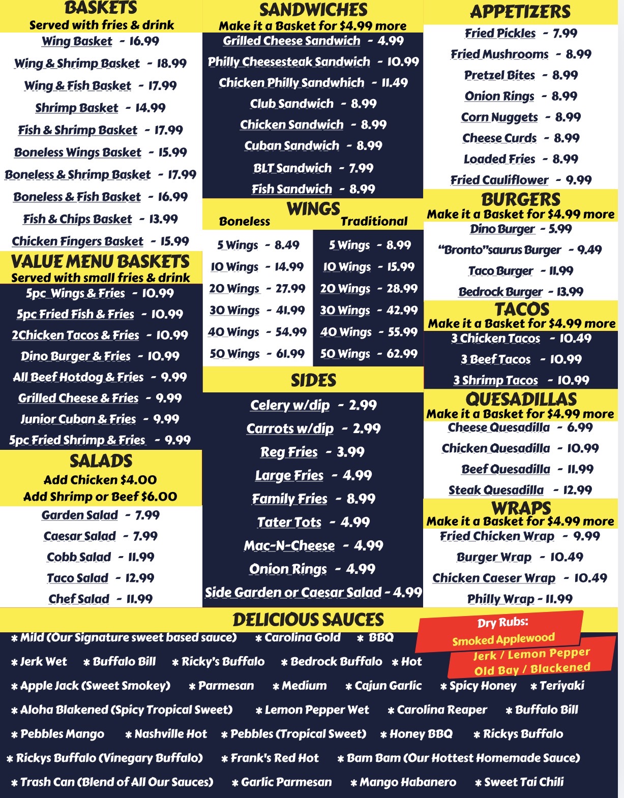 Bedrock Wings full menu