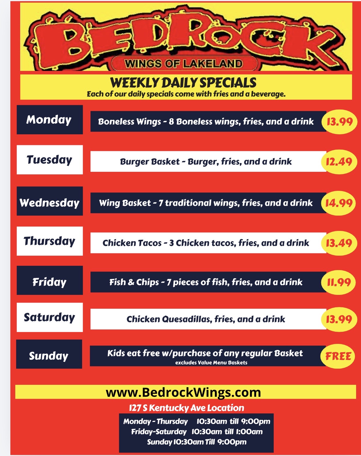 Bedrock Wings weekly daily specials and hours