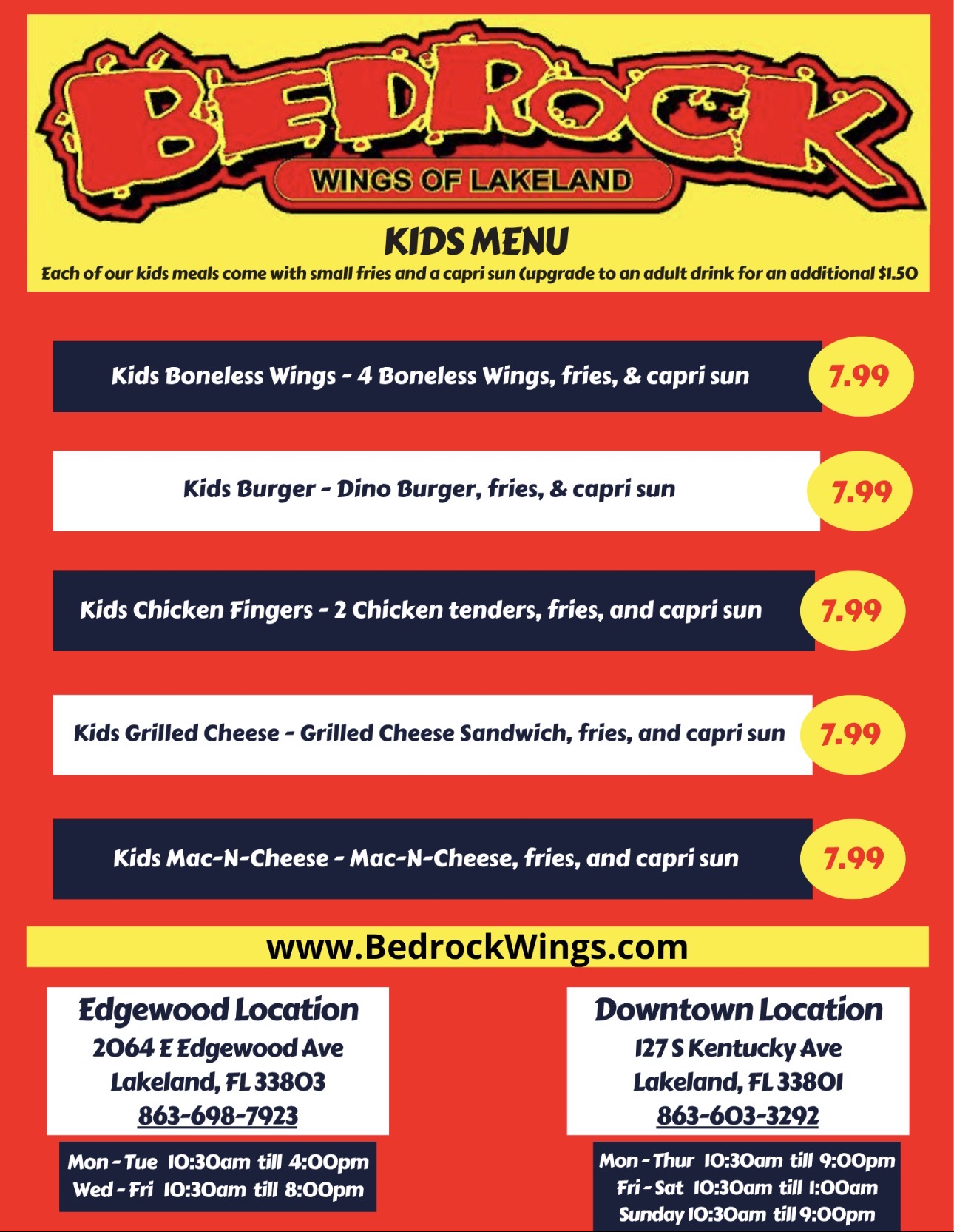 Bedrock Wings kids menu